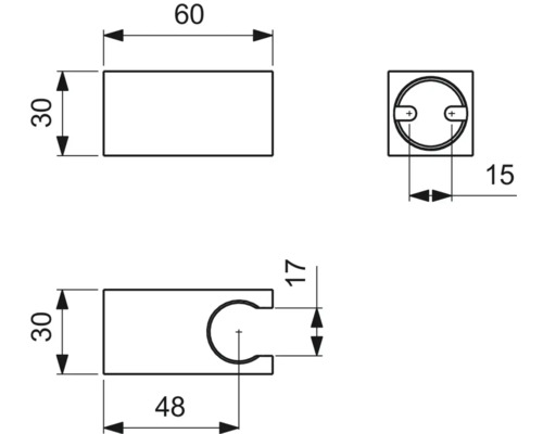 Technische Zeichnung mit Maßangaben für eine Duschstangenhalterung