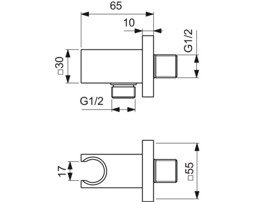Technische Zeichnung eines Brauseschlauchhalters mit Maßangaben