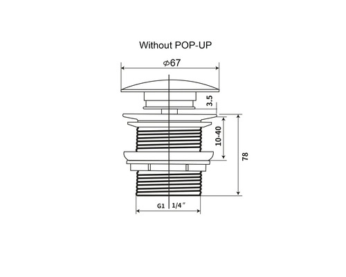 Technische Zeichnung eines Ablaufventils ohne Pop-up-Funktion mit Maßangaben