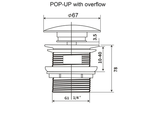 Technische Zeichnung eines Pop-Up Ventils mit Überlauf, Maße in Millimeter