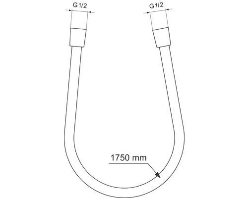 Schematische Darstellung eines Panzerschlauchs mit G 1/2 Anschluss und einer Länge von 1750 mm.