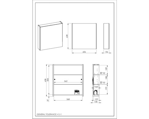 Schéma technique d''une armoire de toilette avec dimensions