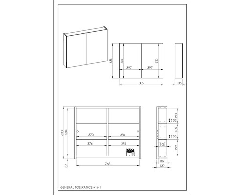 Dessin technique d''une armoire de toilette avec dimensions