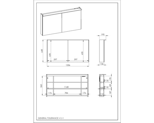 Technische Zeichnung eines Spiegelschrankes mit Maßangaben