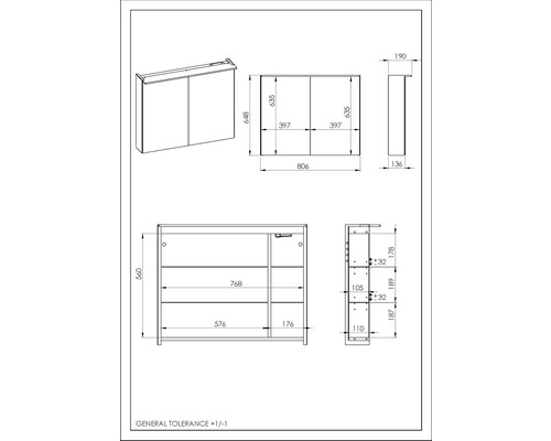 Dessin technique d''une armoire de toilette avec dimensions