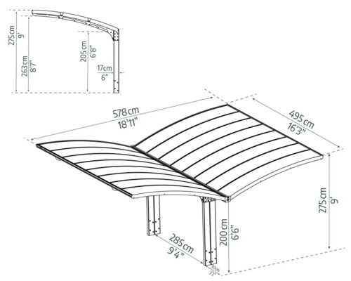 Dimensions d''un toit de terrasse représentées sous forme de dessin technique.