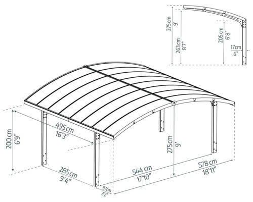 Dessin technique d''un carport avec dimensions.
