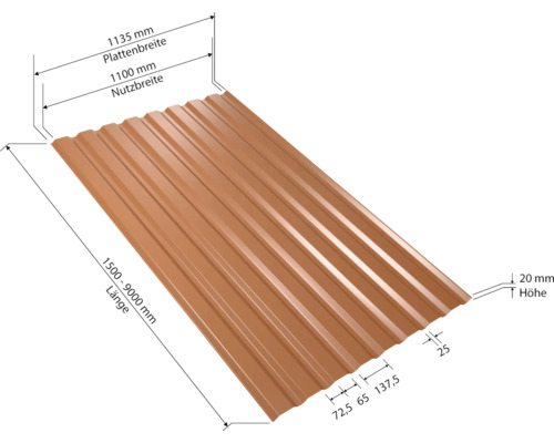 Tôle profilée avec indication des dimensions pour la longueur, la hauteur et la largeur