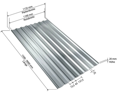 Tôle trapézoïdale avec indication des dimensions de la largeur, de la longueur et de la hauteur