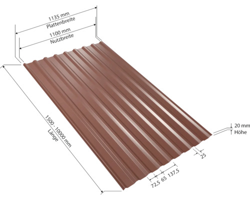 Tôle profilée avec indications de dimensions pour la longueur, la largeur de la plaque, la largeur utile et la hauteur