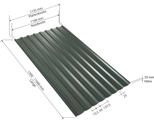 Tôle trapézoïdale avec indication des dimensions pour toiture et mur