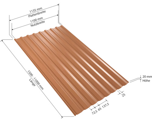 Tôle trapézoïdale avec les dimensions longueur, largeur de plaque, largeur utile et hauteur