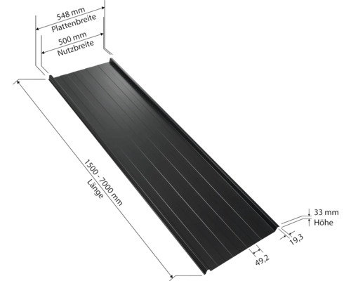 Schéma d''une plaque de tôle trapézoïdale avec indications de dimensions