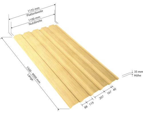 Profilholzbrett mit Maßangaben zu Länge, Breite und Höhe