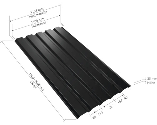 Tôle profilée avec indications de dimensions pour la longueur, la largeur et la hauteur