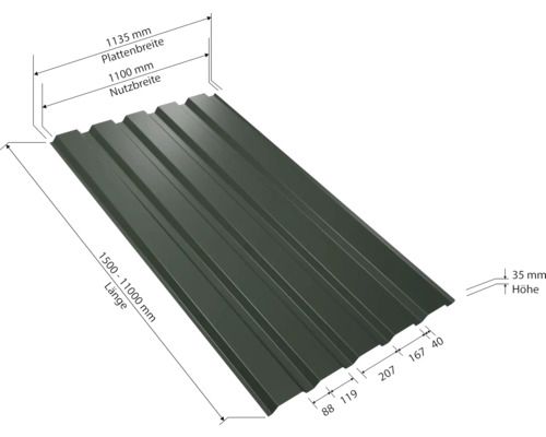 Trapezblech mit Maßangaben zu Länge, Plattenbreite, Nutzbreite und Höhe