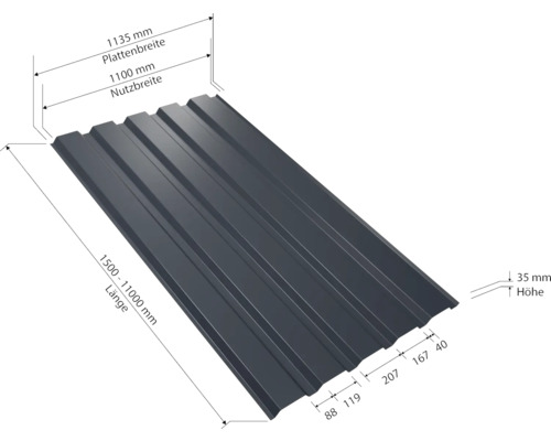 Profilblech mit Maßangaben zu Länge, Plattenbreite, Nutzbreite und Höhe
