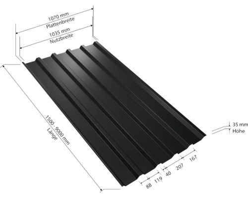 Dachplatte mit Maßangaben zu Länge, Breite und Höhe