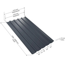 Trapezblech mit Maßangaben zu Länge, Plattenbreite, Nutzbreite und Höhe