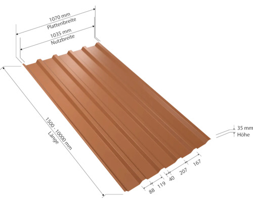 Trapezblech mit Maßangaben für Breite, Länge und Höhe