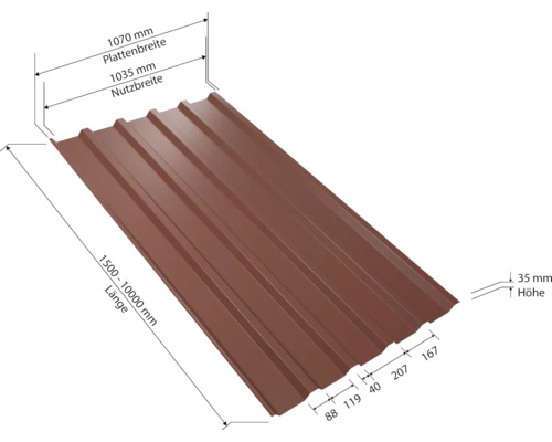 Profilblech mit Maßangaben zu Breite, Länge und Höhe