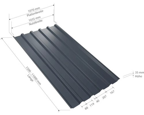 Tôle trapézoïdale avec indications de dimensions pour la largeur, la longueur et la hauteur