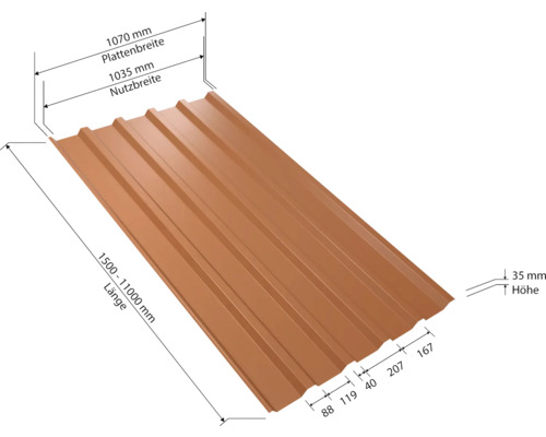 Tôle profilée avec indications de largeur et de longueur