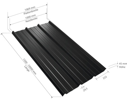 Trapezblech mit Maßangaben für Breite, Länge und Höhe