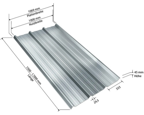 Tôle trapézoïdale avec indication de la largeur et de la longueur