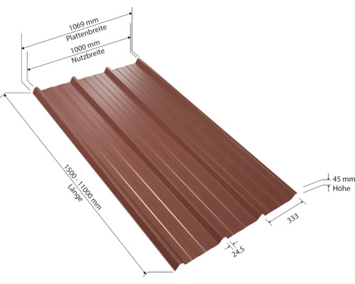 Tôle trapézoïdale avec indications de dimensions pour la longueur, la largeur de la plaque et la hauteur
