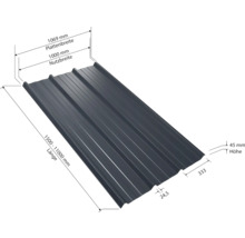 Vue d'une tôle trapézoïdale avec des indications de dimensions pour la largeur de la plaque, la largeur utile, la longueur et la hauteur.