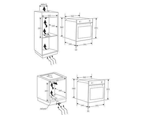 Technische Zeichnung eines Einbaubackofens mit Maßangaben