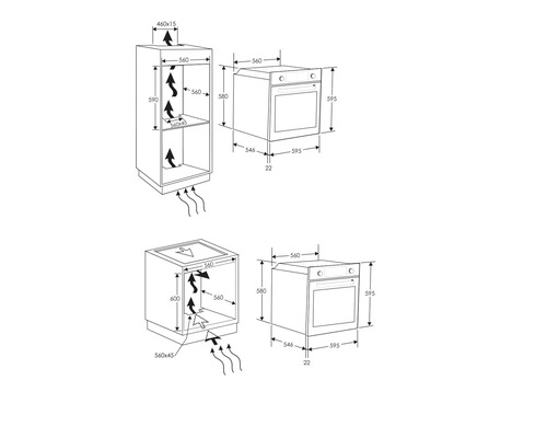 Skizze eines Einbaubackofens mit Maßangaben für den Einbau