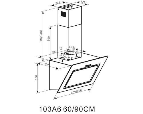 Technische Zeichnung einer Dunstabzugshaube mit Maßangaben