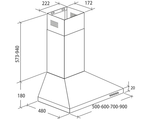 Technische Zeichnung einer Dunstabzugshaube mit Maßangaben