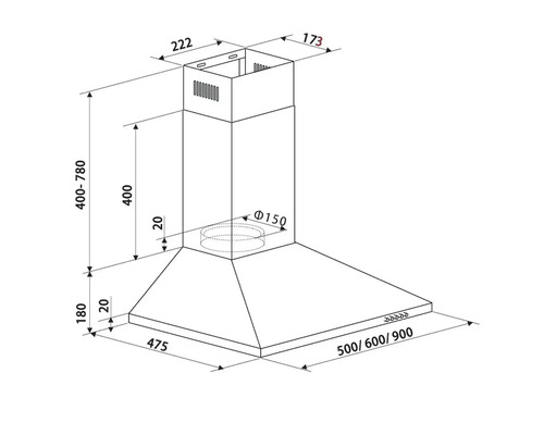 Technische Zeichnung einer Dunstabzugshaube mit Maßangaben