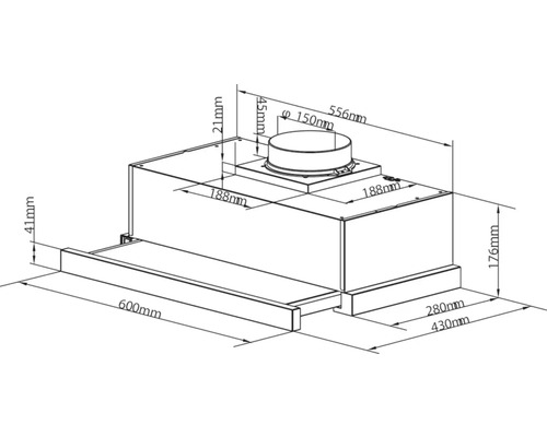Technische Zeichnung einer Dunstabzugshaube mit Maßangaben