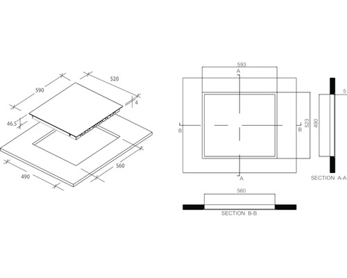 Technische Zeichnung einer Kochfeldabdeckung mit Maßangaben