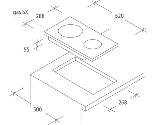 Technische Zeichnung eines Kochfelds mit Maßen für den Einbau in eine Küchenarbeitsplatte.