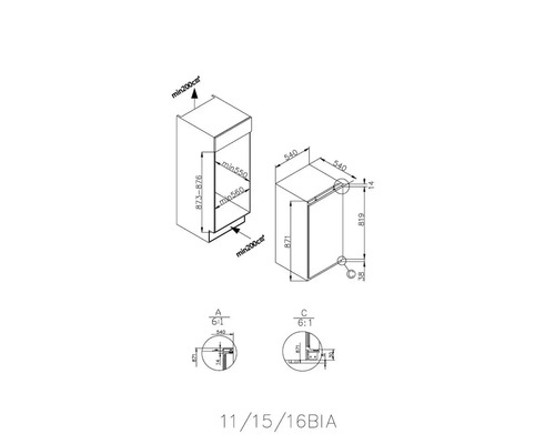 Technische Zeichnung eines Küchenschranks mit Maßangaben