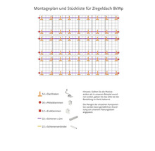 Montageplan und Stückliste für ein Ziegeldach 8kWp mit Dachhaken, Mittelklemmen, Endklemmen, Schienen und Schienenverbinder.