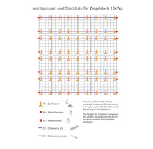 Montageplan und Stückliste für ein Ziegeldach 10kWp mit Dachhaken, Mittelklemmen, Endklemmen, Schienen und Schienenverbinder.