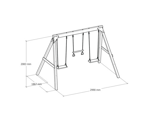 Abbildung einer Holzschaukel mit den Maßen 2083 Millimeter Höhe, 1867 Millimeter Breite und 2990 Millimeter Länge.