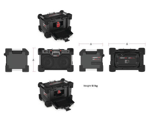 Vues de la radio de chantier Perfectpro Workstation 4 avec des dimensions de 31, 35 et 47 centimètres et un poids de 9,1 kilogrammes.