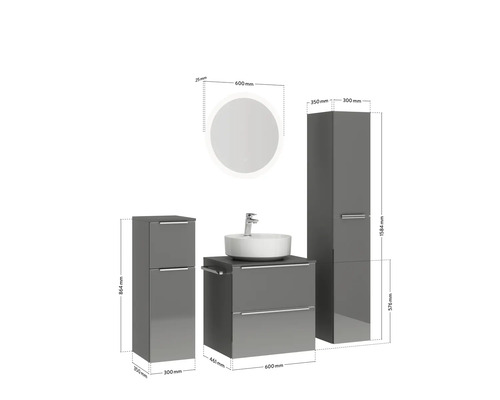 Badezimmerensemble mit Waschtisch, Spiegel und Hochschrank mit Maßangaben