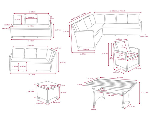 Dimensions d''un ensemble de meubles de jardin composé d''un canapé, d''un canapé d''angle, d''un fauteuil, d''une table et d''un tabouret