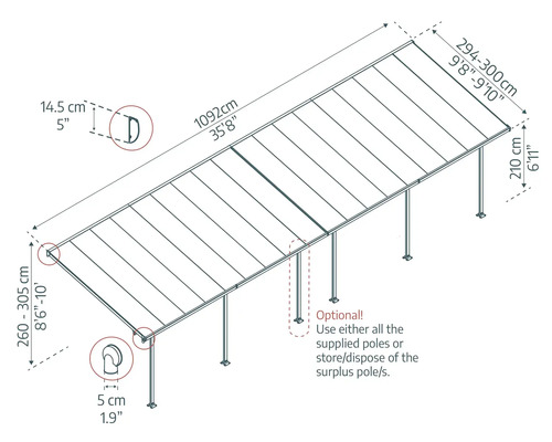 Abmessungen einer Terrassenüberdachung mit Höhen-, Breiten- und Tiefenangaben