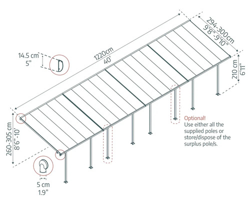 Technische Zeichnung eines Unterstandes mit Maßangaben