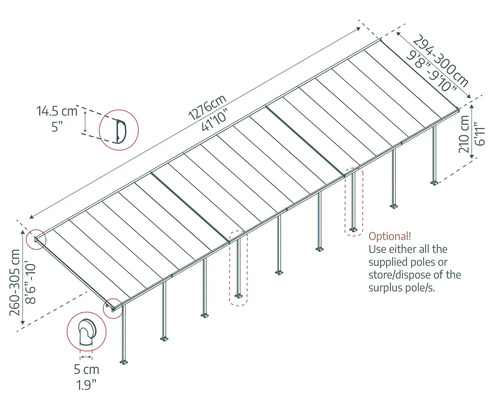 Technische Zeichnung einer Terrassenüberdachung mit Maßangaben