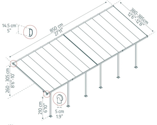 Technische Zeichnung einer Terrassenüberdachung mit Maßangaben